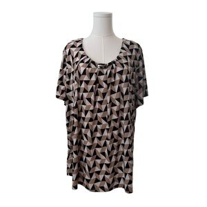 Women's 2X Stretchy Soft Cap Sleeve Tan Black Geometric Plus Curvy Work Blouse
